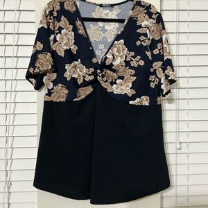 BloomChic Black and Tan Floral Knot Front Blouse